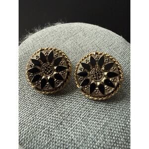 Vintage Victorian Revival Black Glass Earrings Gold Tone Clip On Round Sunflower